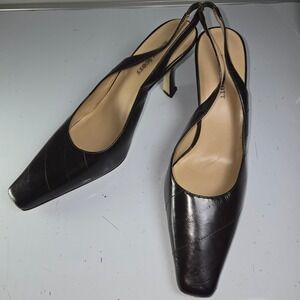 Karen Scott Brown Leather Slingback Heels Pointed Toe Square Heel Size 9.5M